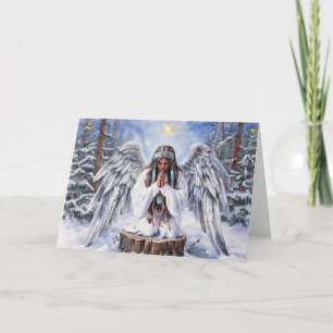 Tarjeta Festiva Ángel Nativo Americano Orando por la Paz en Navida