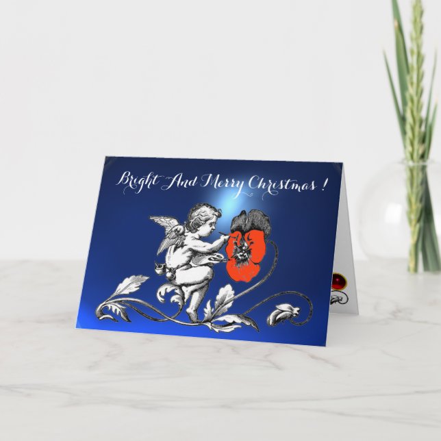 Tarjeta Festiva ANGEL PINTANDO UNA FLORES ROJAS EN blanco negro AZ (Anverso)