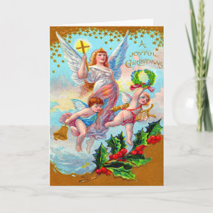 Tarjeta Festiva Ángel Querubín Cruz Cristiana Campana Corona Acebo