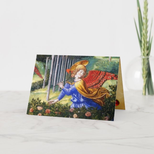 Tarjeta Festiva Ángel reuniendo flores en un paisaje celestial (Anverso)