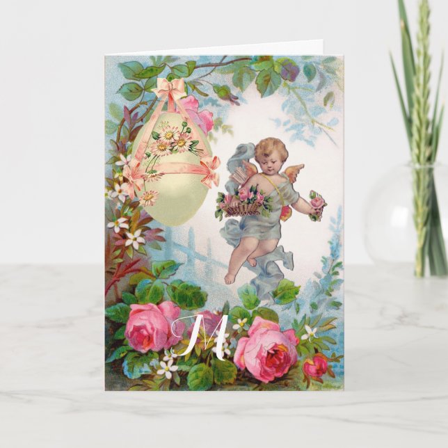 TARJETA FESTIVA ANGEL ROMÁNTICO RECOGIENDO ROSAS ROSAS DE ROSA Y H (Anverso)