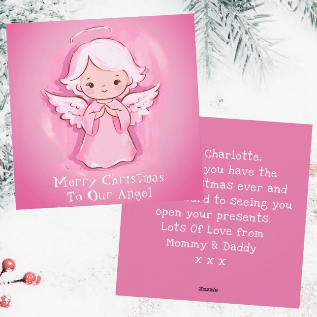 Tarjeta Festiva Ángel rosa Pastel, Navidades Chicas (Front And Back)