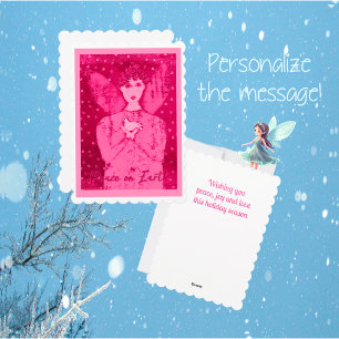 Tarjeta Festiva Ángel rosado de arte popular de paz con paloma bla