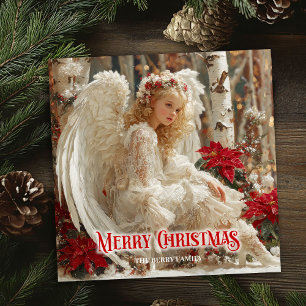 Tarjeta Festiva Ángel rústico de Navidad, impresión de saludo fest