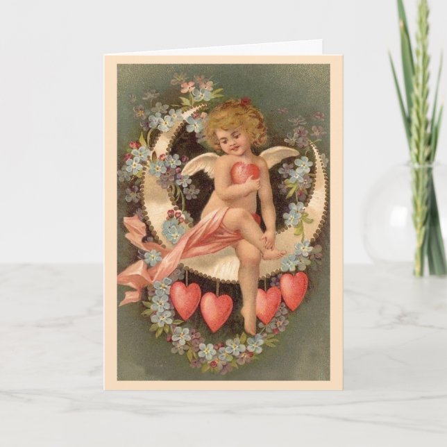 Tarjeta Festiva Angel Sitting on Valentine Moon (Anverso)