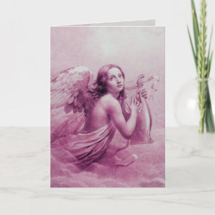 TARJETA FESTIVA ÁNGEL TOCANDO LA LIRA SOBRE LAS NUBES
