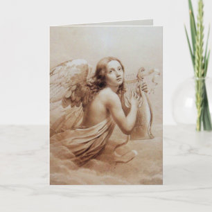 TARJETA FESTIVA ÁNGEL TOCANDO LA LIRA SOBRE LAS NUBES