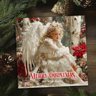 Tarjeta Festiva ángel victoriano hermoso rojo blanco dorado invier
