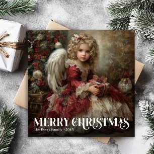 Tarjeta Festiva Ángel Victoriano Religioso Burgundy Rojo Dorado Na