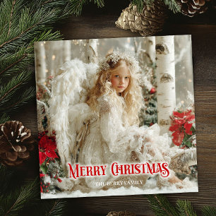 Tarjeta Festiva Ángel victoriano rústico poinsettias rojas estacio