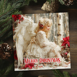 Tarjeta Festiva Ángel victoriano vintage poinsettias rojas festiva