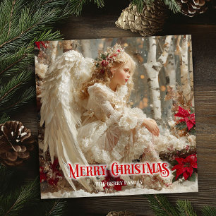 Tarjeta Festiva Ángel victoriano vintage poinsettias rojas vacacio
