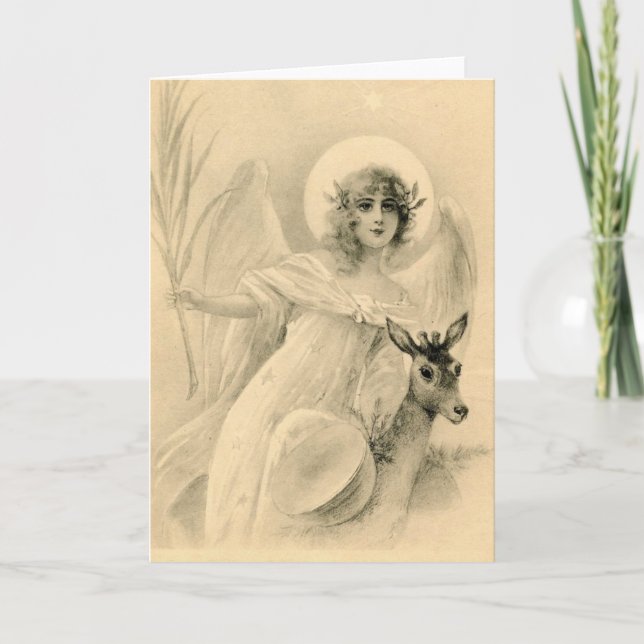 Tarjeta Festiva Ángel Vintage con ciervo (Anverso)