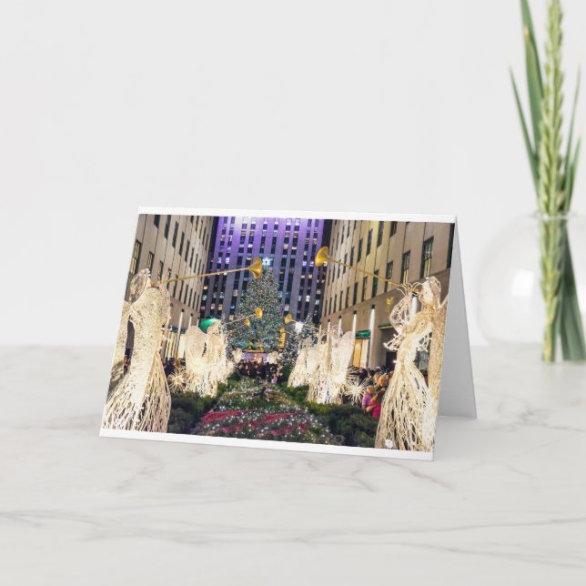 Tarjeta Festiva Ángeles con cuernos y árboles (Anverso)