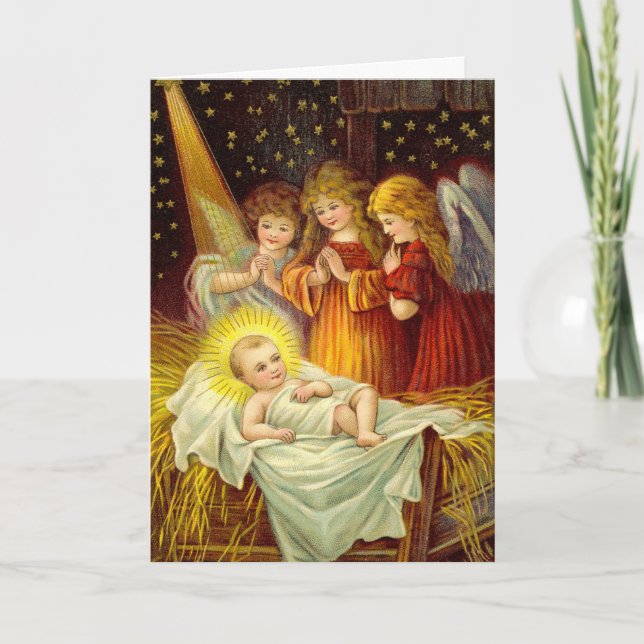 Tarjeta Festiva Ángeles de la época visitando al niño Jesús (Anverso)