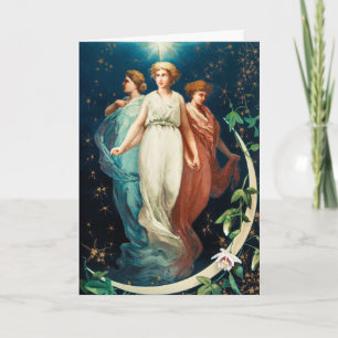 Tarjeta Festiva Ángeles, estrellas, mujeres, Navidades de la luna