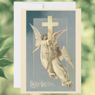 Tarjeta Festiva Ángeles victorianos con una cruz, Pascua vintage