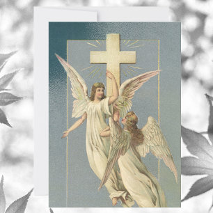 Tarjeta Festiva Ángeles victorianos con una cruz, Pascua vintage