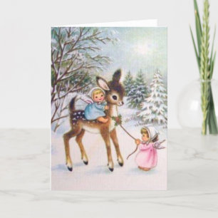 Tarjeta Festiva Ángeles Vintage Lindos Con Ciervos Bebés De Navida