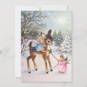 Tarjeta Festiva Ángeles Vintage Lindos Con Ciervos Bebés De Navida