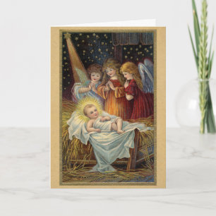 Tarjeta Festiva Ángeles vintage victorianos de la Natividad en Nav