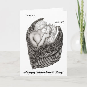Tarjeta Festiva Angels Kissing , diseño en blanco y negro