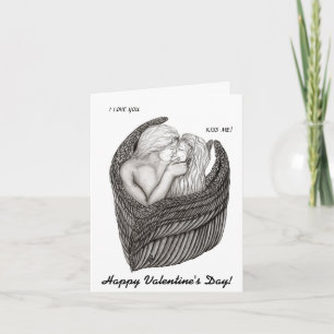 Tarjeta Festiva Angels Kissing , diseño en blanco y negro