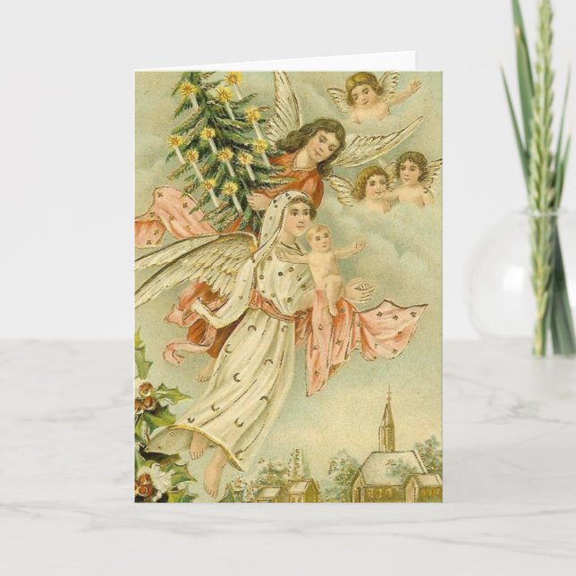 Tarjeta Festiva Ángulos vintage con árbol (Anverso)
