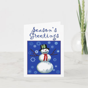 Tarjeta Festiva animado muñeco de nieve de azul con copos de nieve