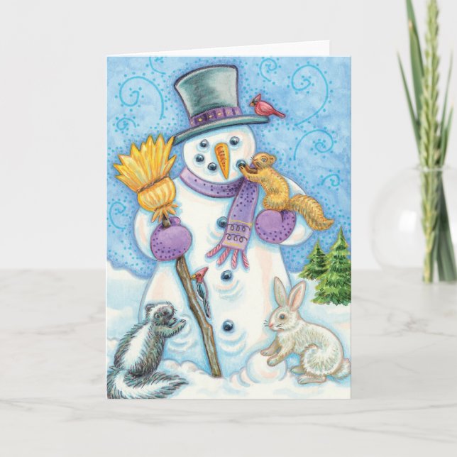 Tarjeta Festiva Animales aburridos construyen un muñeco de nieve p (Anverso)