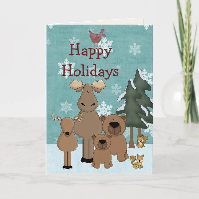 Tarjeta Festiva Animales de Cute Woodland Felices Fiestas Navidade (Anverso)
