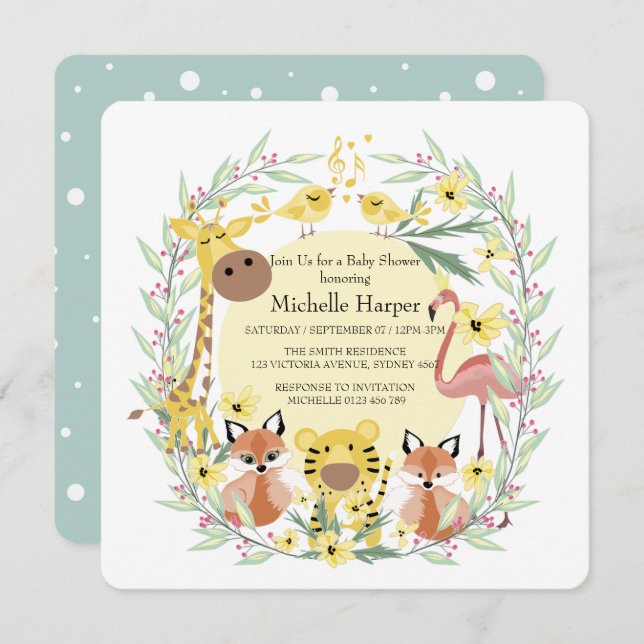 Tarjeta Festiva Animales de la jungla, niño o chica con ducha de b (Anverso / Reverso)