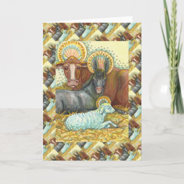 TARJETA FESTIVA ANIMALES DE NATIVIDAD EN ESTABLE, OX, DONKEY Y OVE (Anverso)