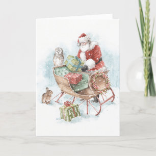 Tarjeta Festiva Animales de Woodland con Santa Claus y su Sleigh