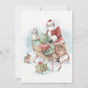 Tarjeta Festiva Animales de Woodland con Santa Claus y su Sleigh