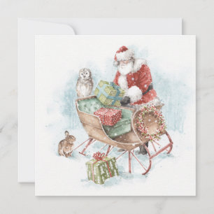 Tarjeta Festiva Animales de Woodland con Santa Claus y su Sleigh