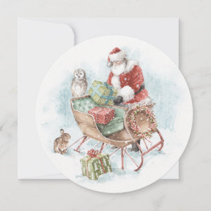 Tarjeta Festiva Animales de Woodland con Santa Claus y su Sleigh