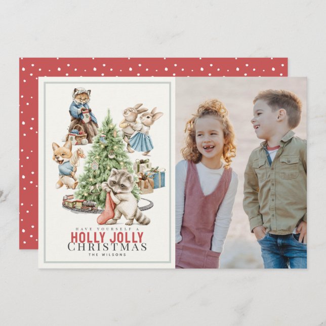 Tarjeta Festiva Animales de Woodland reuniendo foto de árbol de Na (Anverso / Reverso)