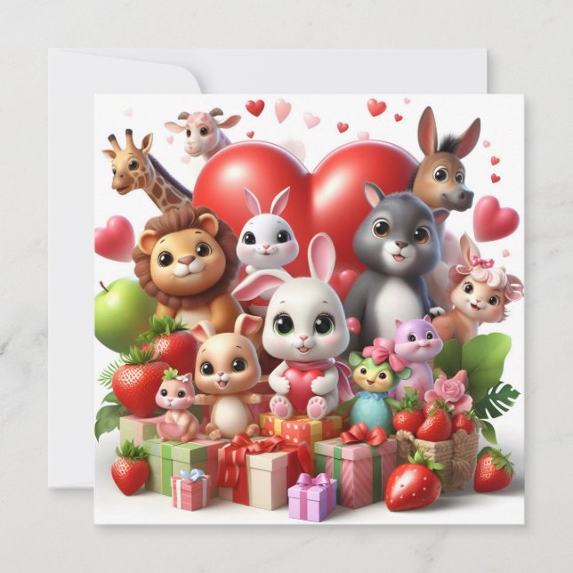 Tarjeta Festiva Animales del Día de San Valentín con Corazón (Anverso)