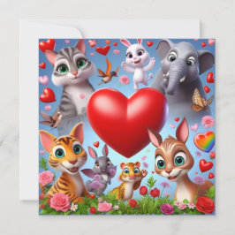 Tarjeta Festiva Animales del Día de San Valentín con Corazones
