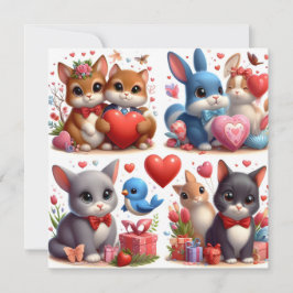 Tarjeta Festiva Animales del Día de San Valentín con Corazones