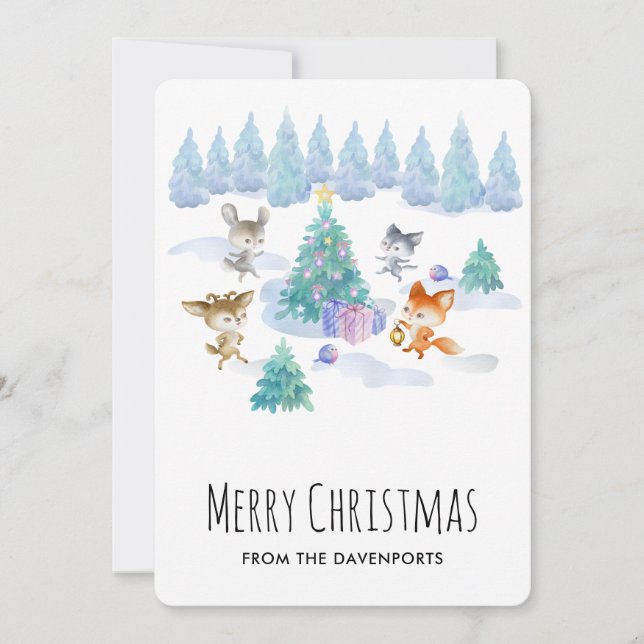 Tarjeta Festiva Animales forestales bailando alrededor del árbol d (Anverso)