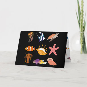 Tarjeta Festiva Animales marinos: peces, tortugas, conchas marinas
