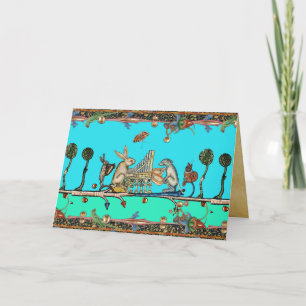 TARJETA FESTIVA ANIMALES MDIEVALES PERRO Y RABBBIT JUGANDO ÓRGANO