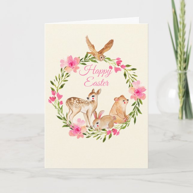 Tarjeta Festiva Animales Pascua del arbolado de la acuarela (Anverso)