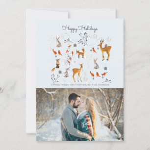 Tarjeta Festiva Animales y pájaros modernos de bosque azul y gris