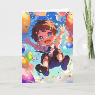 Tarjeta Festiva Anime Boy Balloons Kawaii