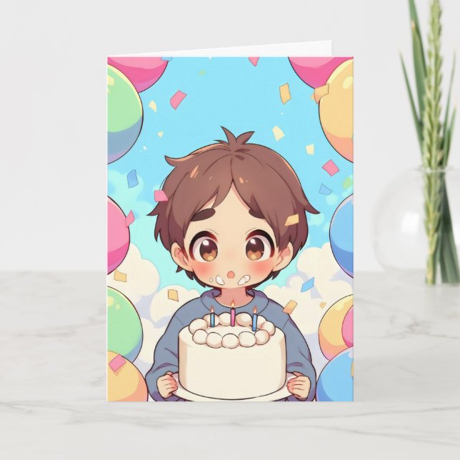 Tarjeta Festiva Anime Boy Birthday Cake Colorful (Anverso)