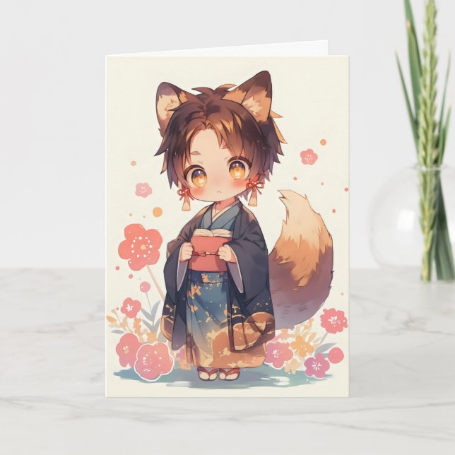 Tarjeta Festiva Anime Boy Fox Kitsune Fantasy (Anverso)