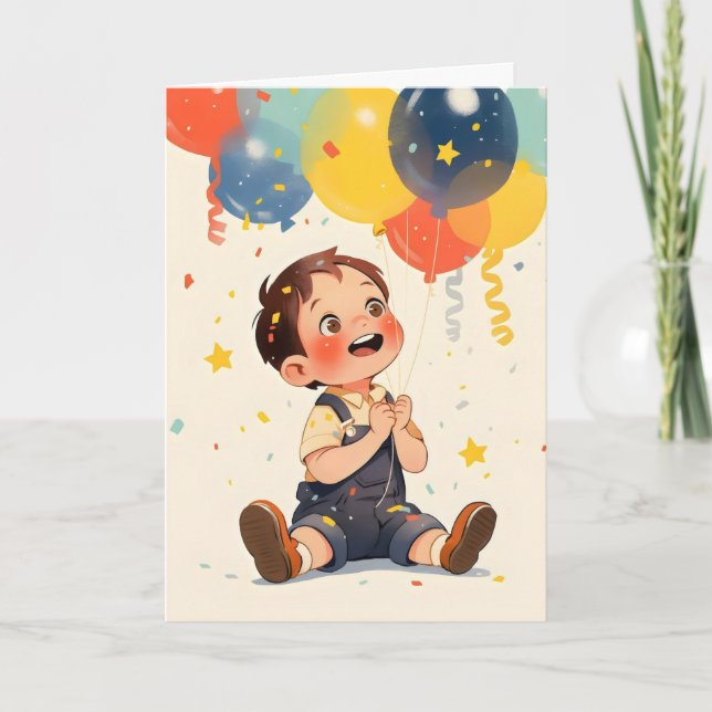 Tarjeta Festiva Anime Boy Happy Colorous Balloons (Anverso)